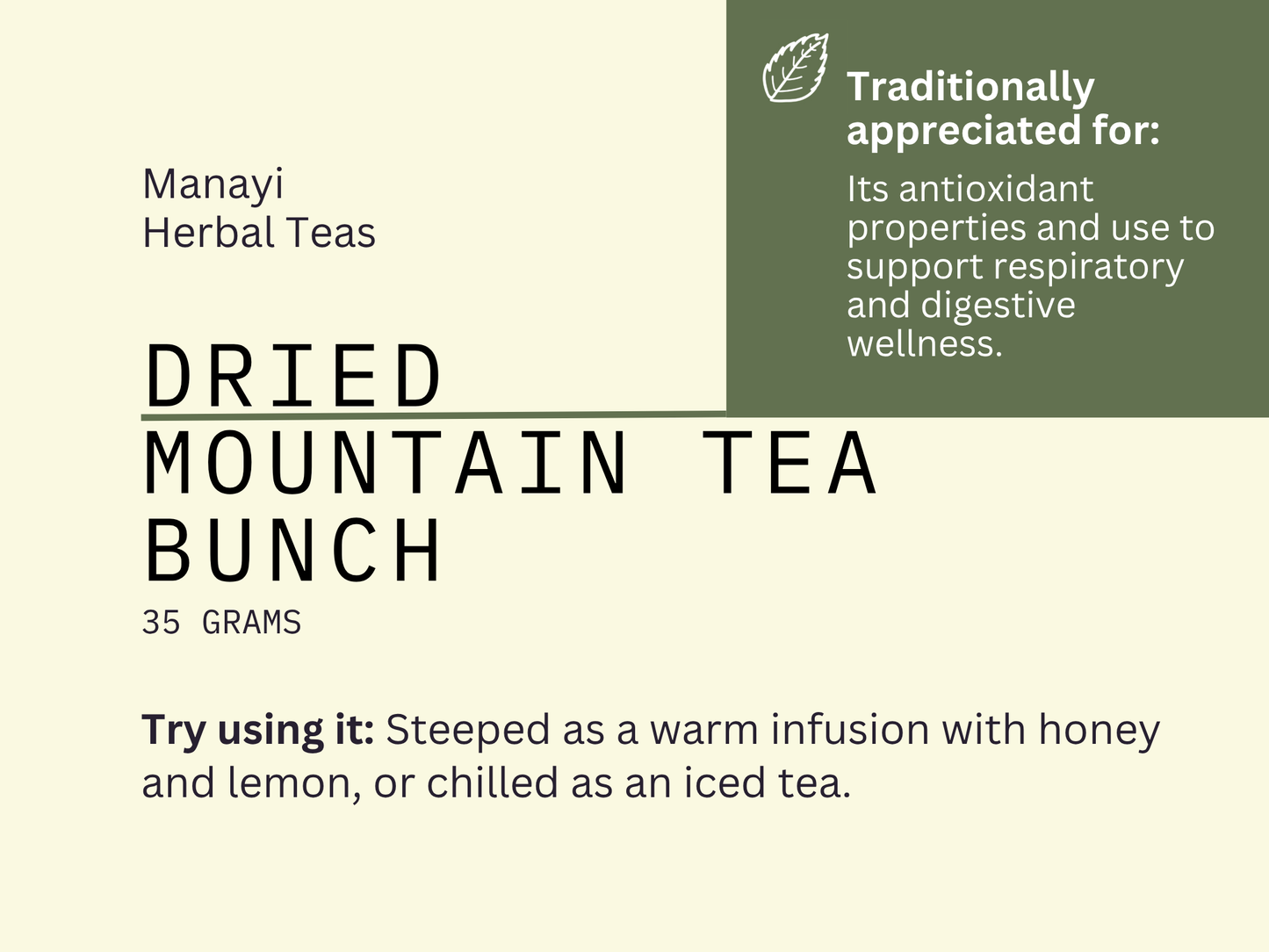 Manayi Herbal Teas dried Greek mountain tea descriptive card with text about its uses and benefits.