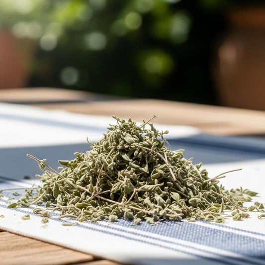 Dried herbs on a striped cloth with a blurred green background