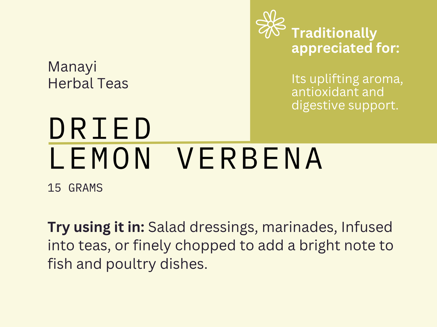 Manayi Herbal Teas dried lemon verbena descriptive card with text about its uses and benefits.