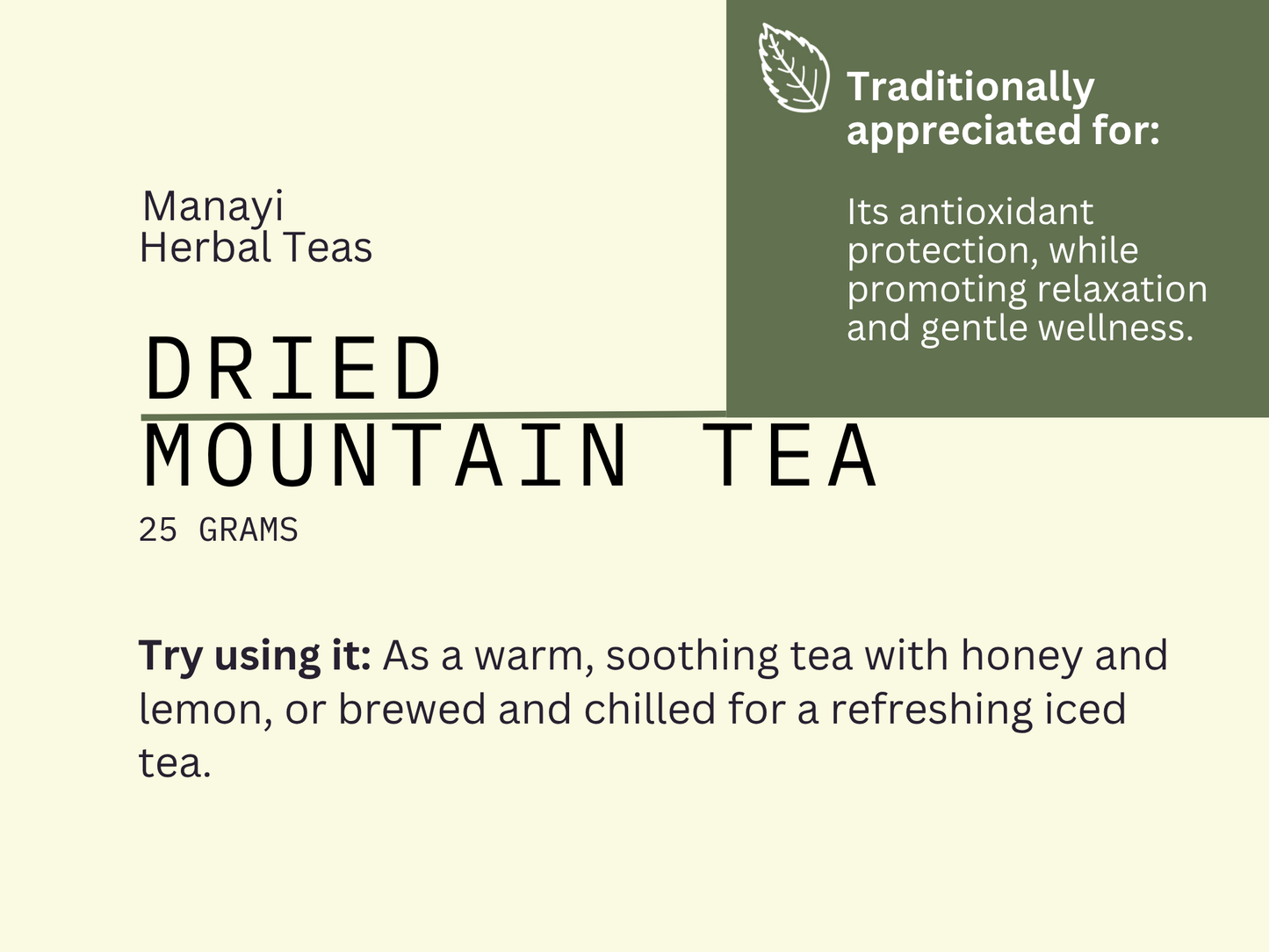 Manayi Herbal Teas Greek dried mountain tea descriptive card with text about its uses and benefits.