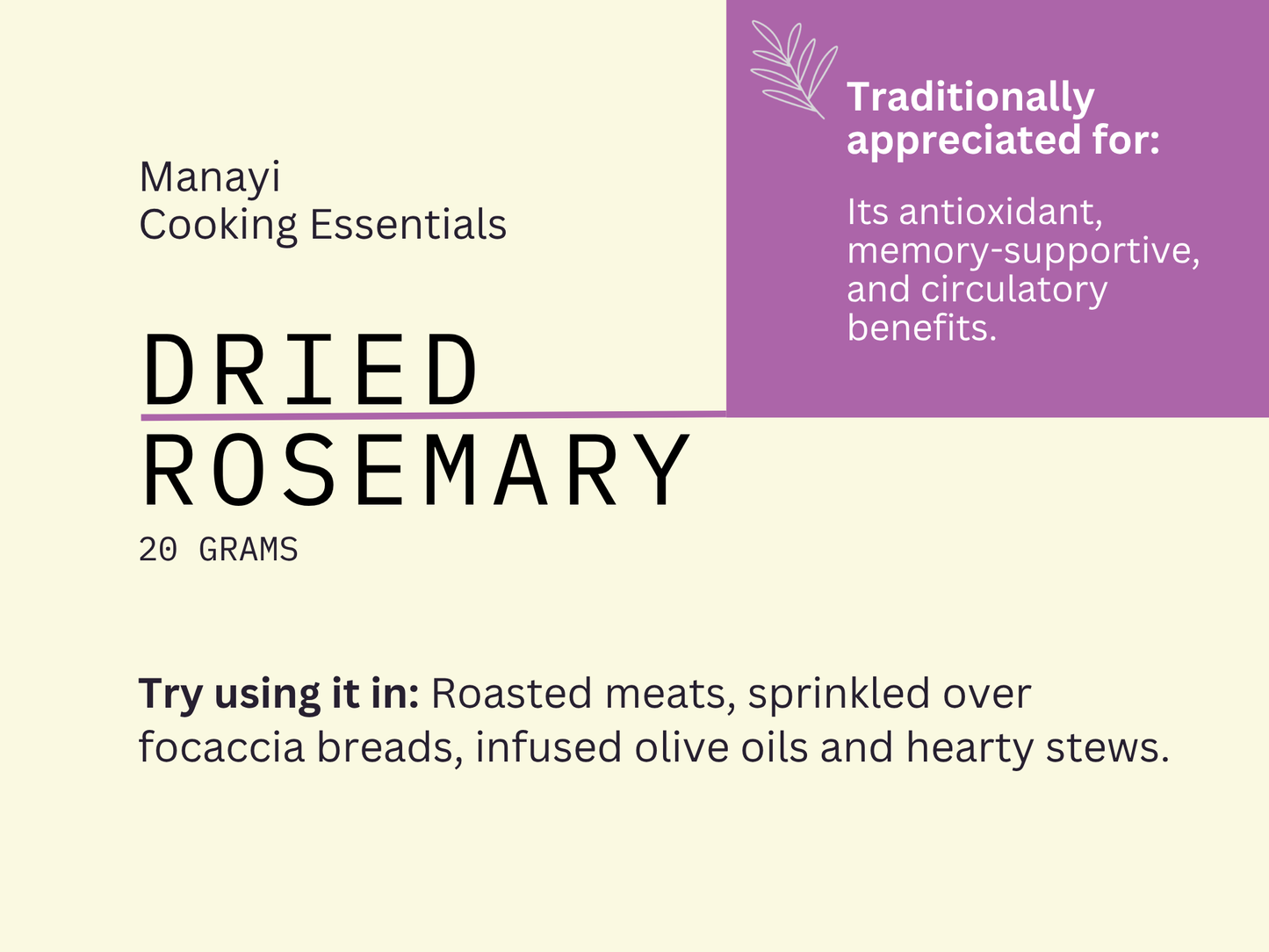 Manayi Cooking Essentials dried rosemary descriptive card with text about its uses and benefits.