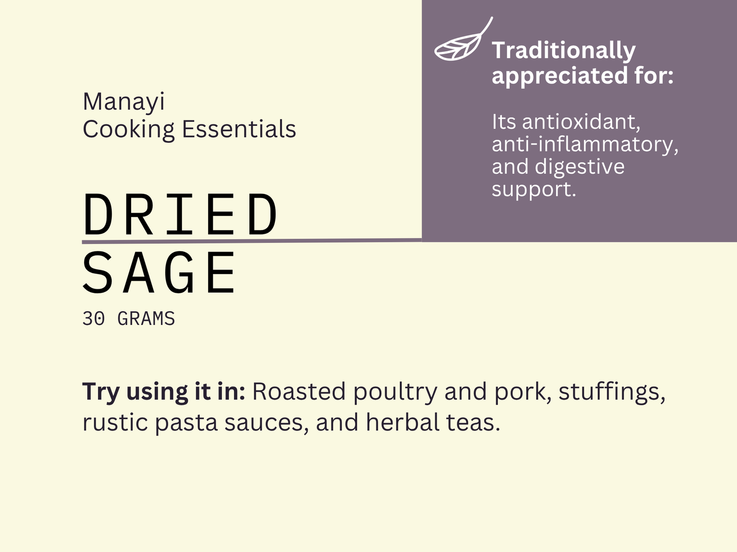 Manayi Cooking Essentials dried sage descriptive card with text about its uses and benefits.