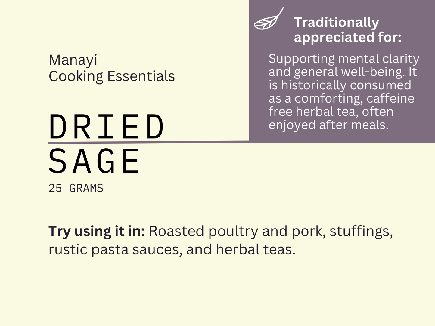 Manayi Cooking Essentials dried sage descriptive card with text about its uses and benefits.