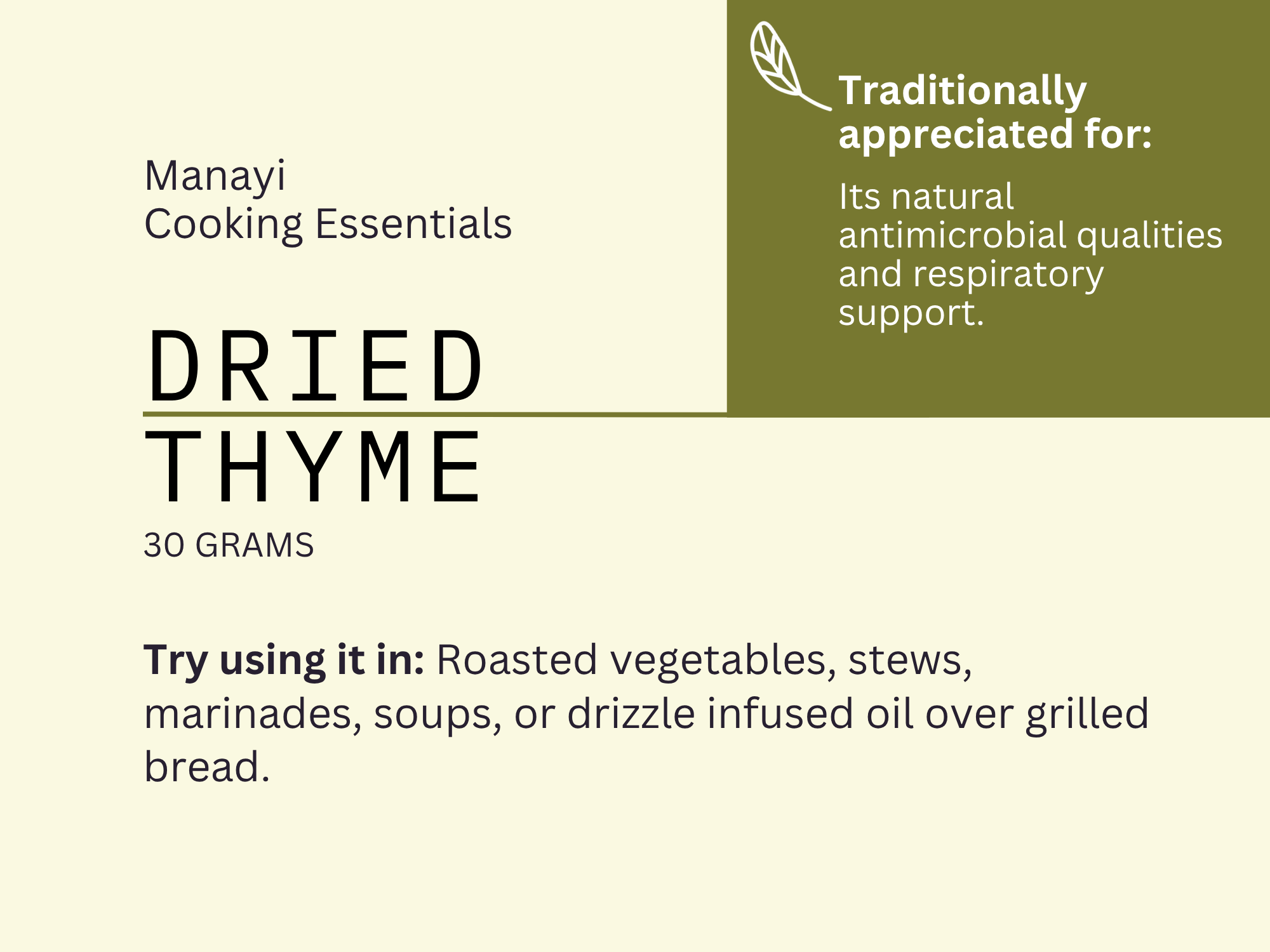 Manayi Cooking Essentials dried thyme packaging with text on a beige background