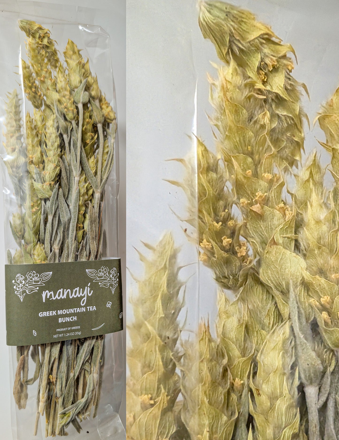 Packaged Greek mountain tea bunch with 'Manayi' label on a white background