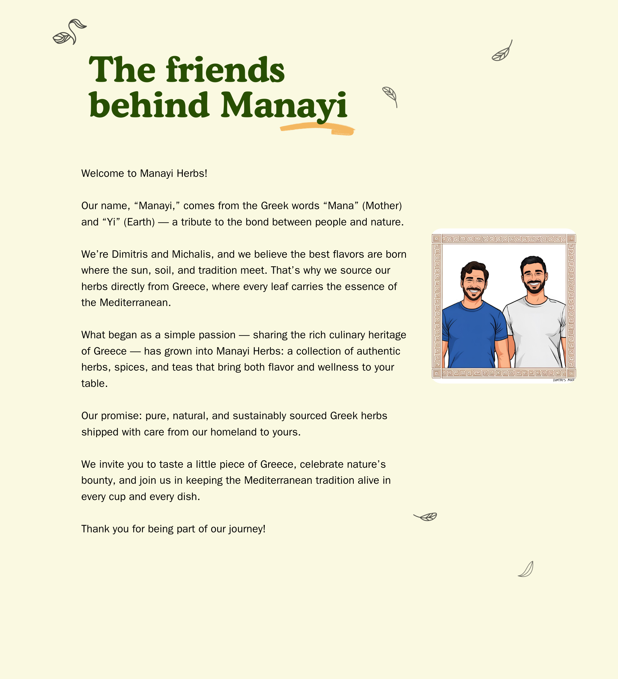 About Us section. Manayi herbs founders bringing Greek herbs to the USA