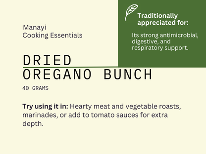 Manayi Cooking Essentials dried oregano bunch descriptive card with text about its uses and benefits.