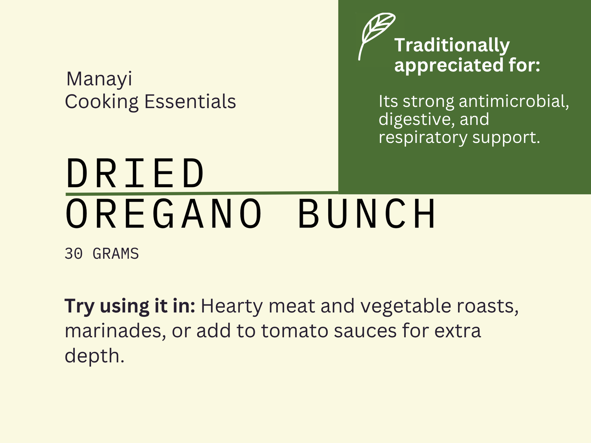 Manayi Cooking Essentials dried oregano bunch descriptive card with text about its uses and benefits.
