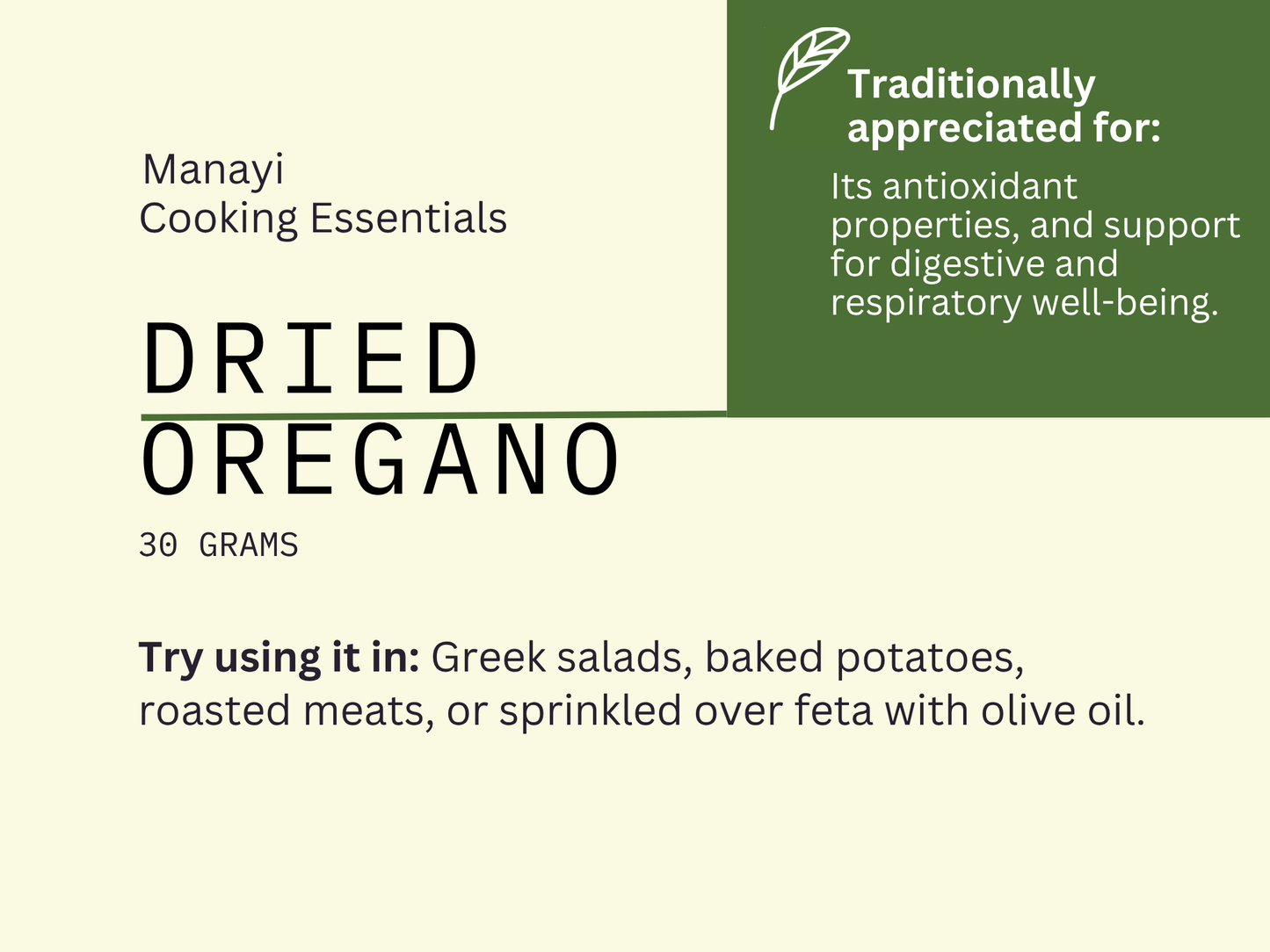 Manayi Cooking Essentials dried oregano descriptive card with text about its uses and benefits.