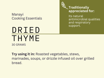 Manayi Cooking Essentials dried thyme packaging with text on a beige background